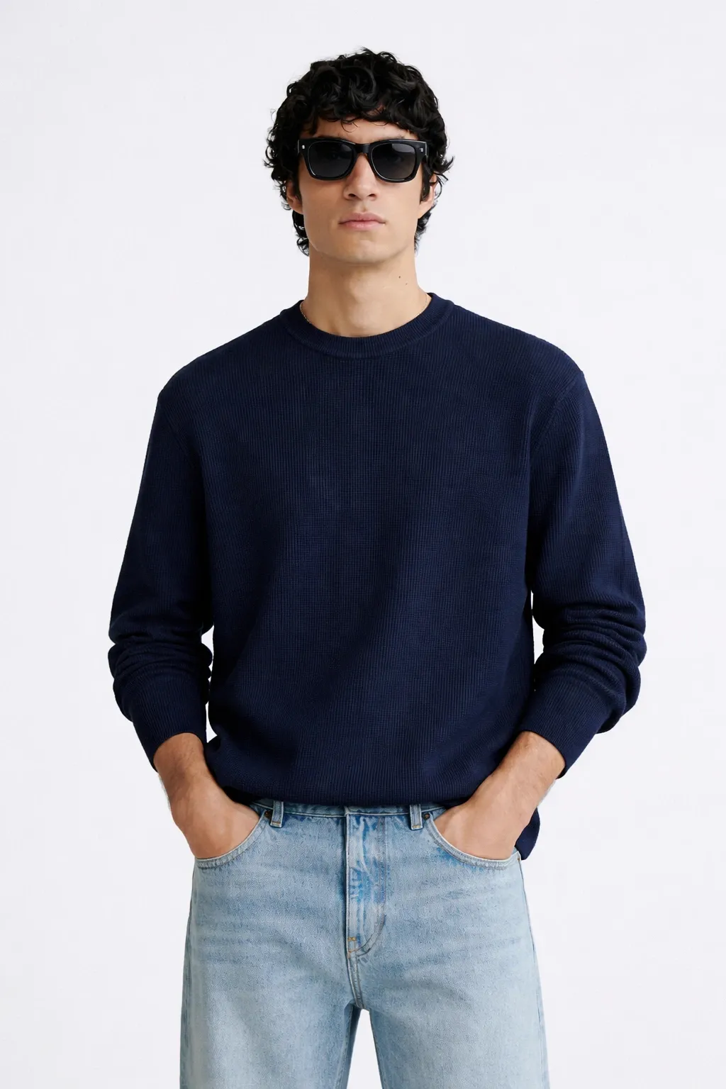 Textured Cotton Sweater – Navy Blue