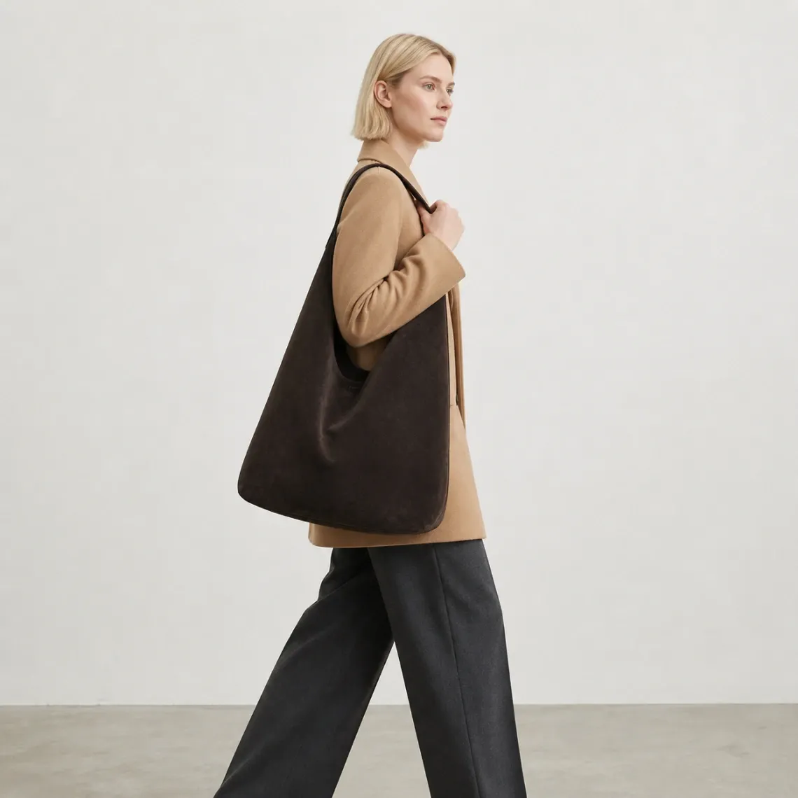 COS Oversized Serif Wildleder-Shopper – Dunkelbraune Slouchy Hobo Tasche