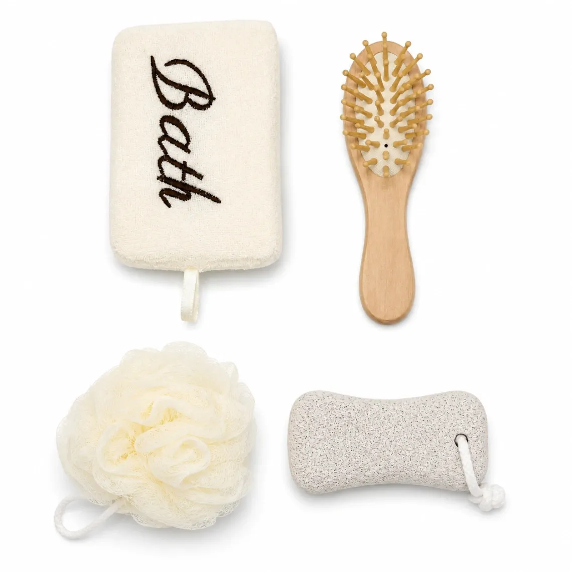 Ensemble de bain et bien-être de 4 pièces – Gant de bain, Brosse en bois, Éponge loofah & Pierre ponce