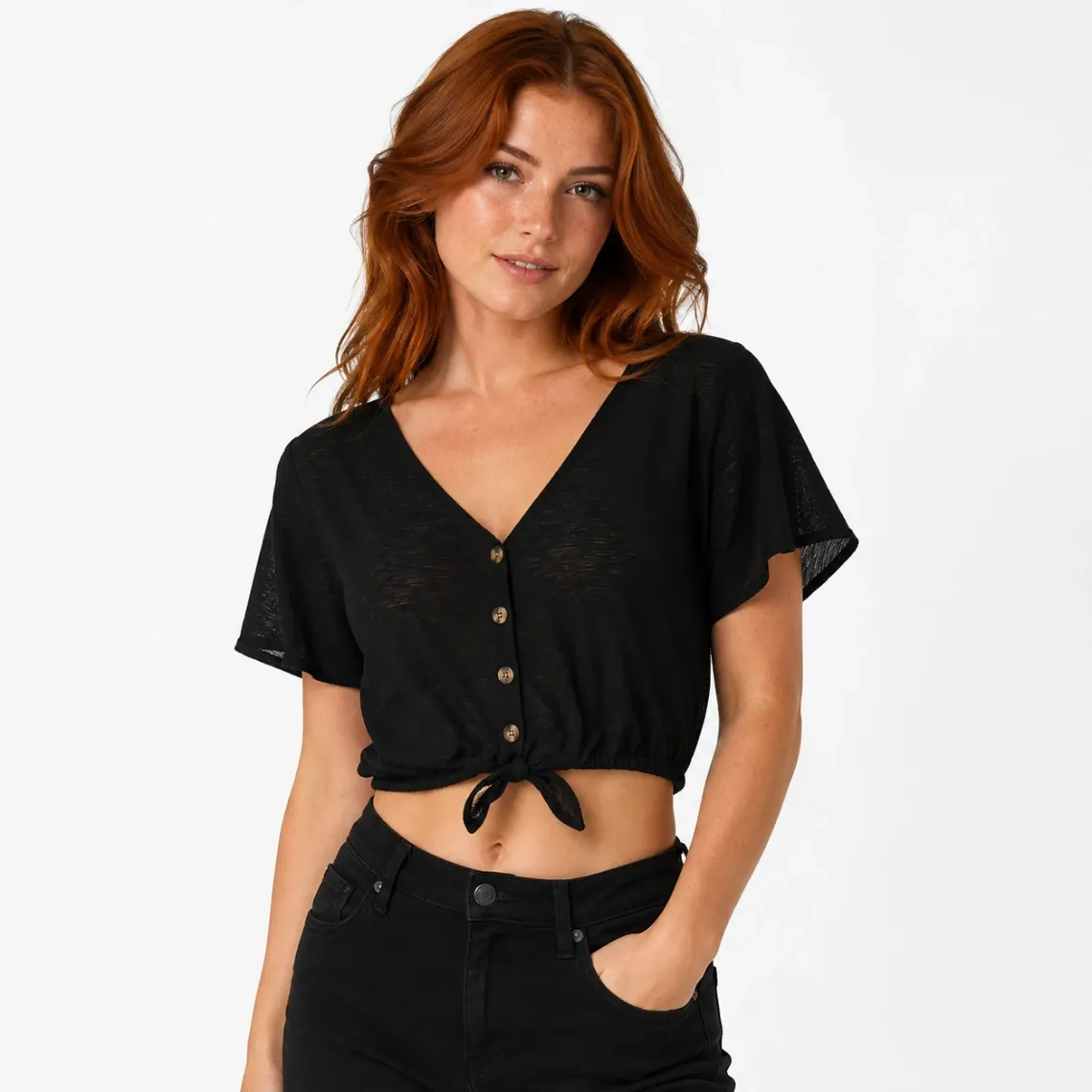 H&M Black Cropped Tie-Front Blouse Top
