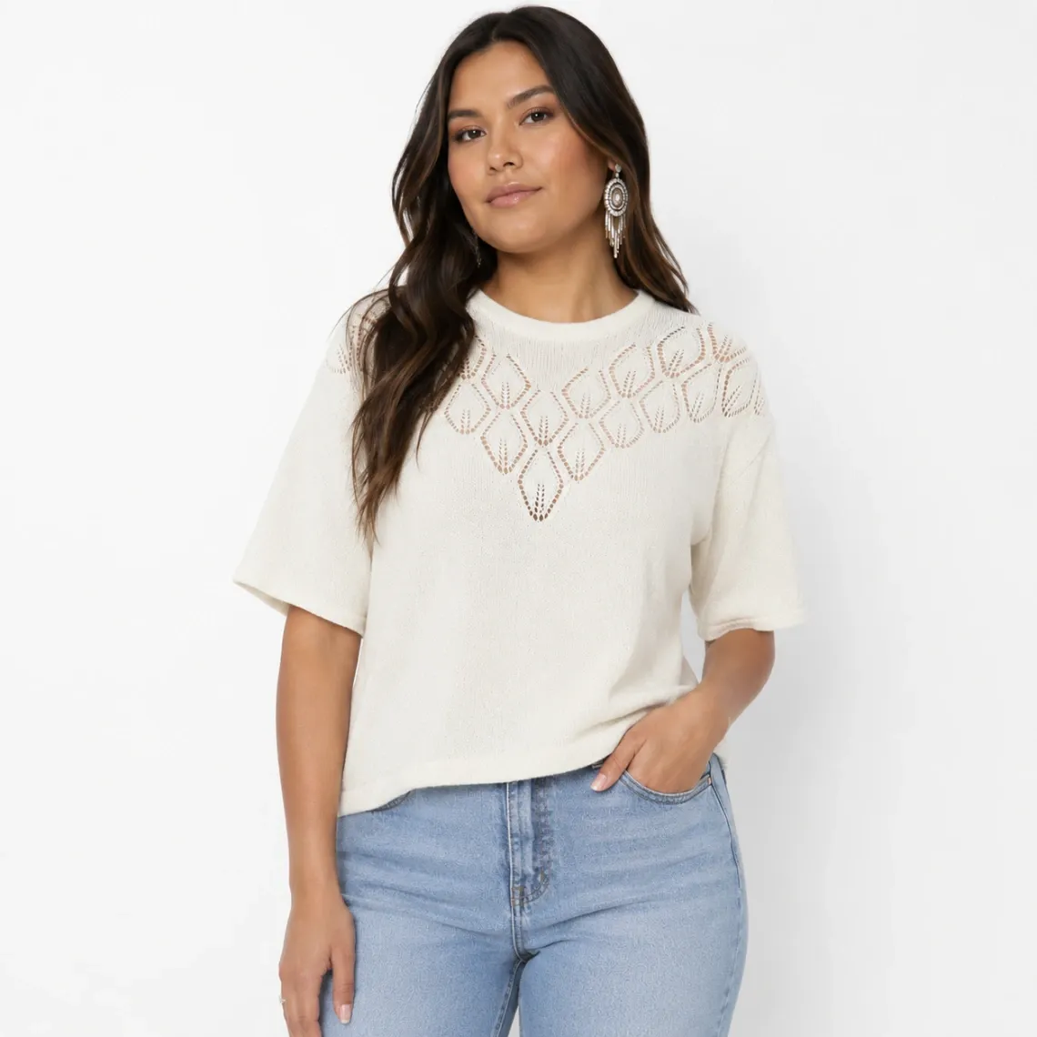 Women’s Cream Openwork Knit Top – Size M (Approx.)