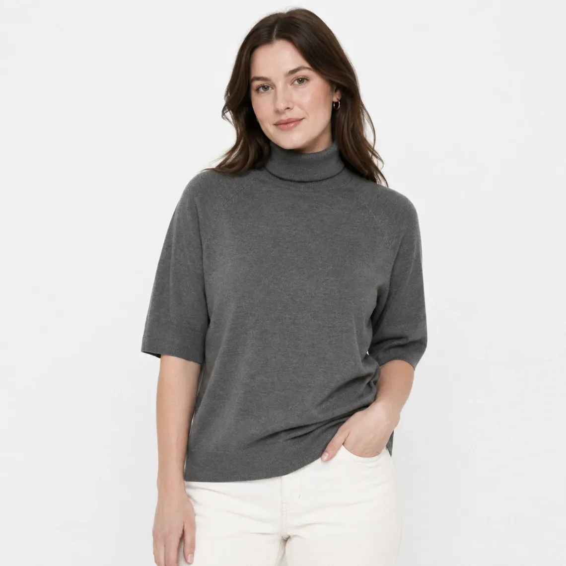 Zara Gris Haut Tricot Col Roulé à Manches Courtes
