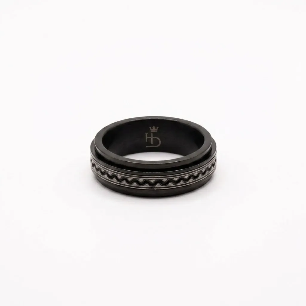 Black Stainless Steel Spinner Ring with Wavy Inlay – Size EU 54 (US 7)