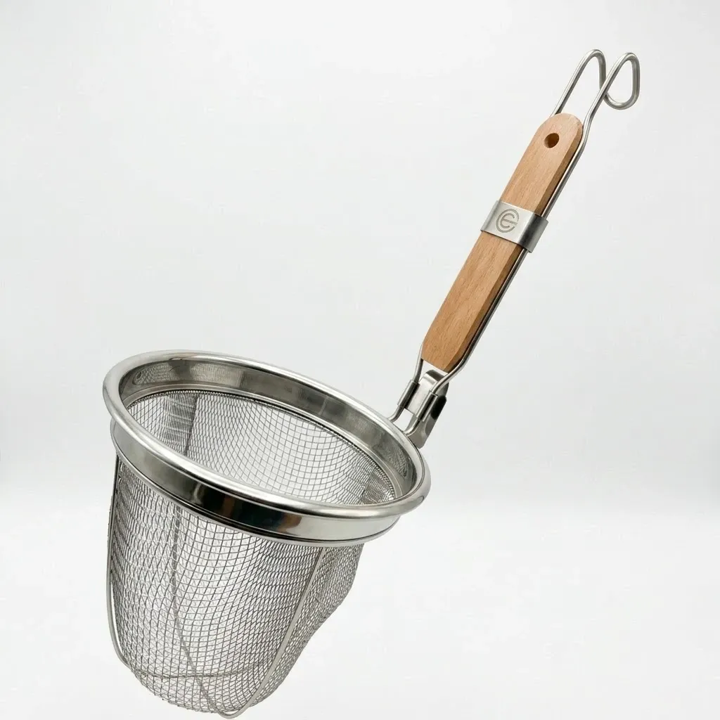 Stainless Steel Deep Mesh Noodle Strainer Basket with Wooden Handle (14 cm / 5.5")