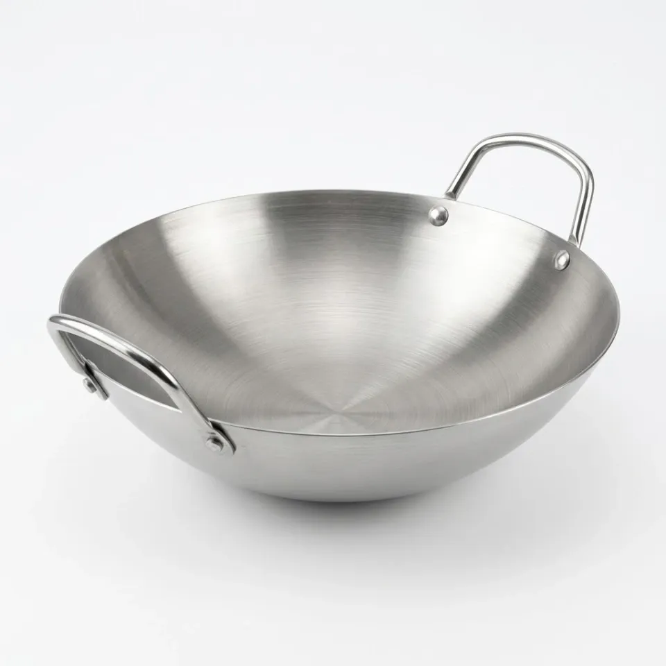 Grand Wok en Acier Inoxydable (34 cm) – Style Cantonnais – Meilleur pour Cuisinières à Gaz