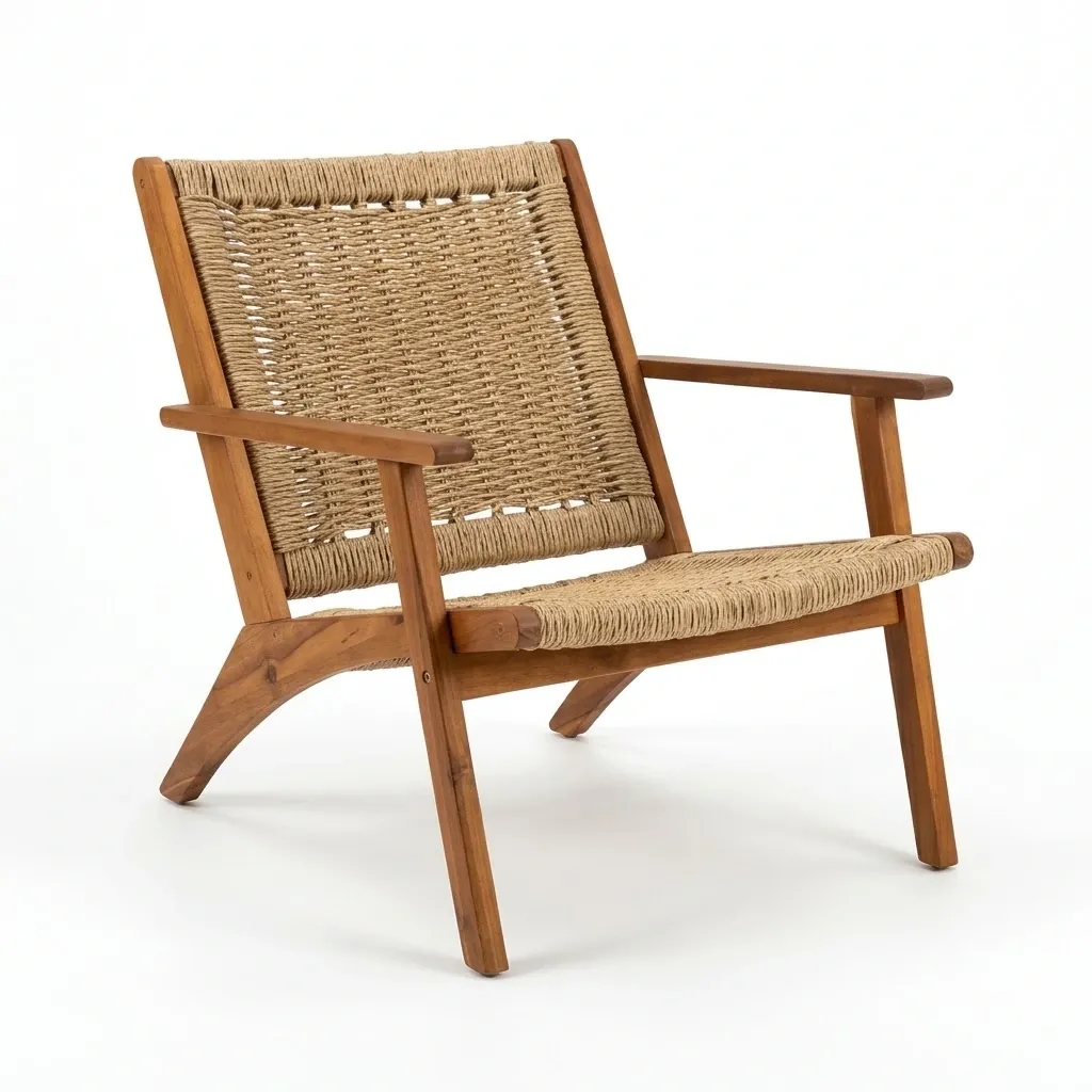 Scandinavian / Mid-Century Style Solid Wood & Woven Rope Lounge Armchair – Natural / Warm Teak Finish (Indoor & Outdoor)