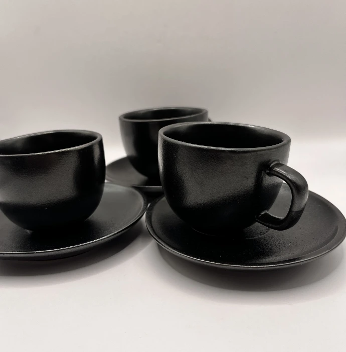 CASA Matte Black Stoneware Espresso / Coffee Cups & Saucers – Set of 3
