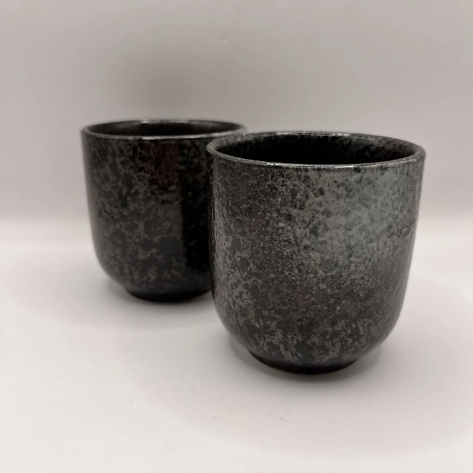 Japanese Style Wabi-Sabi Tea Cups – Mottled Oil-Spot Charcoal Glaze (Set of 6)