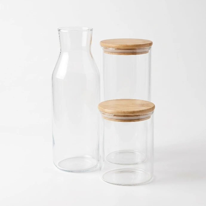 Ensemble de Cuisine en Verre Minimaliste – Carafe à Eau & 2 Pots de Rangement avec Couvercles en Bambou (Ensemble de 3)