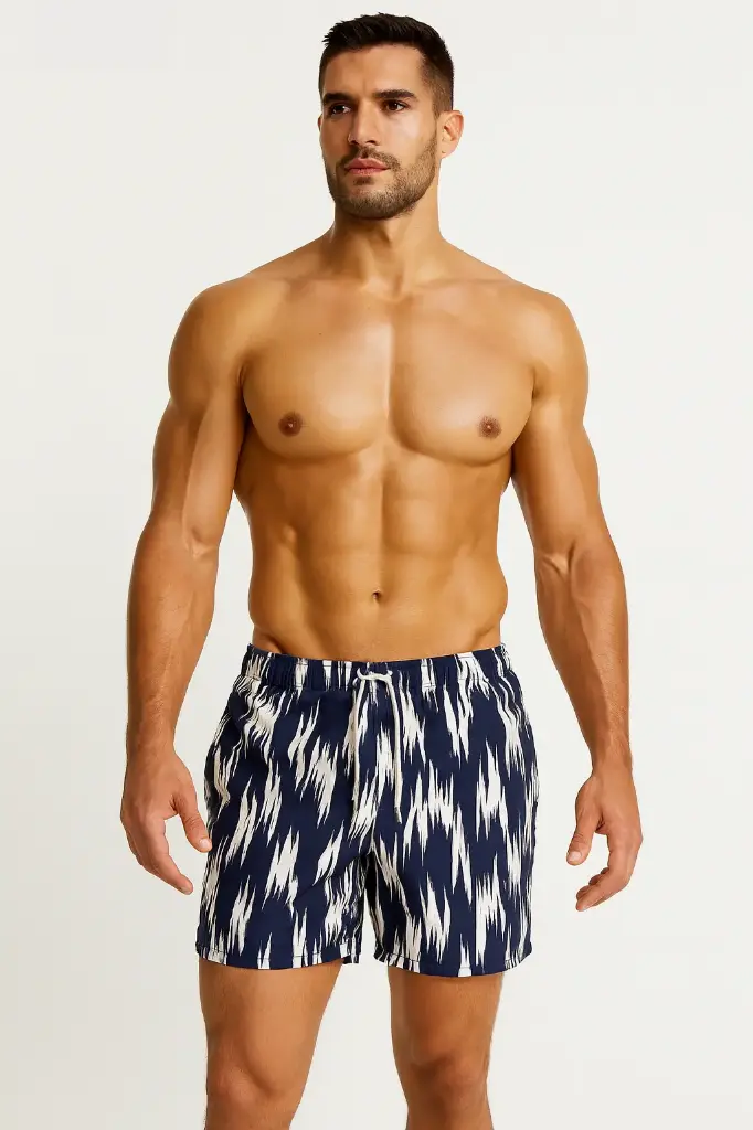 H&M – Short de bain homme, motif bleu marine & blanc, taille L